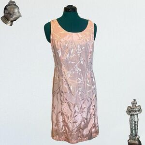 Vintage 90s Betsy Lauren pale pink satin metallic floral dress.